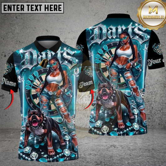 Maxcorners Darts Hip Hop Girl & Pitbull Dog Diamond Multicolor Customized Name, Team Name 3D Shirts