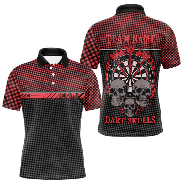 Maxcorners Men’s Custom Darts Shirt With Flaming Darts & Skulls And Crimson Halftone Pattern LM2404