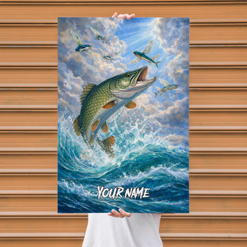 Maxcorners Spotted Bass Fishing Ocean Wave Sky Style Personalized Name 3D Poster