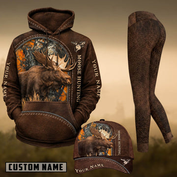 Maxcorners Hunting Moose Hunting Brown Leather Orange Camo Personalized 3D Combo Hoodie, Legging Set & Cap