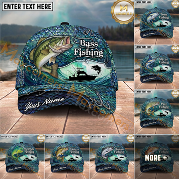 Maxcorners Fishing Teal Scale Ocean Boat Personalized Name 3D Cap (12 Fish Species)