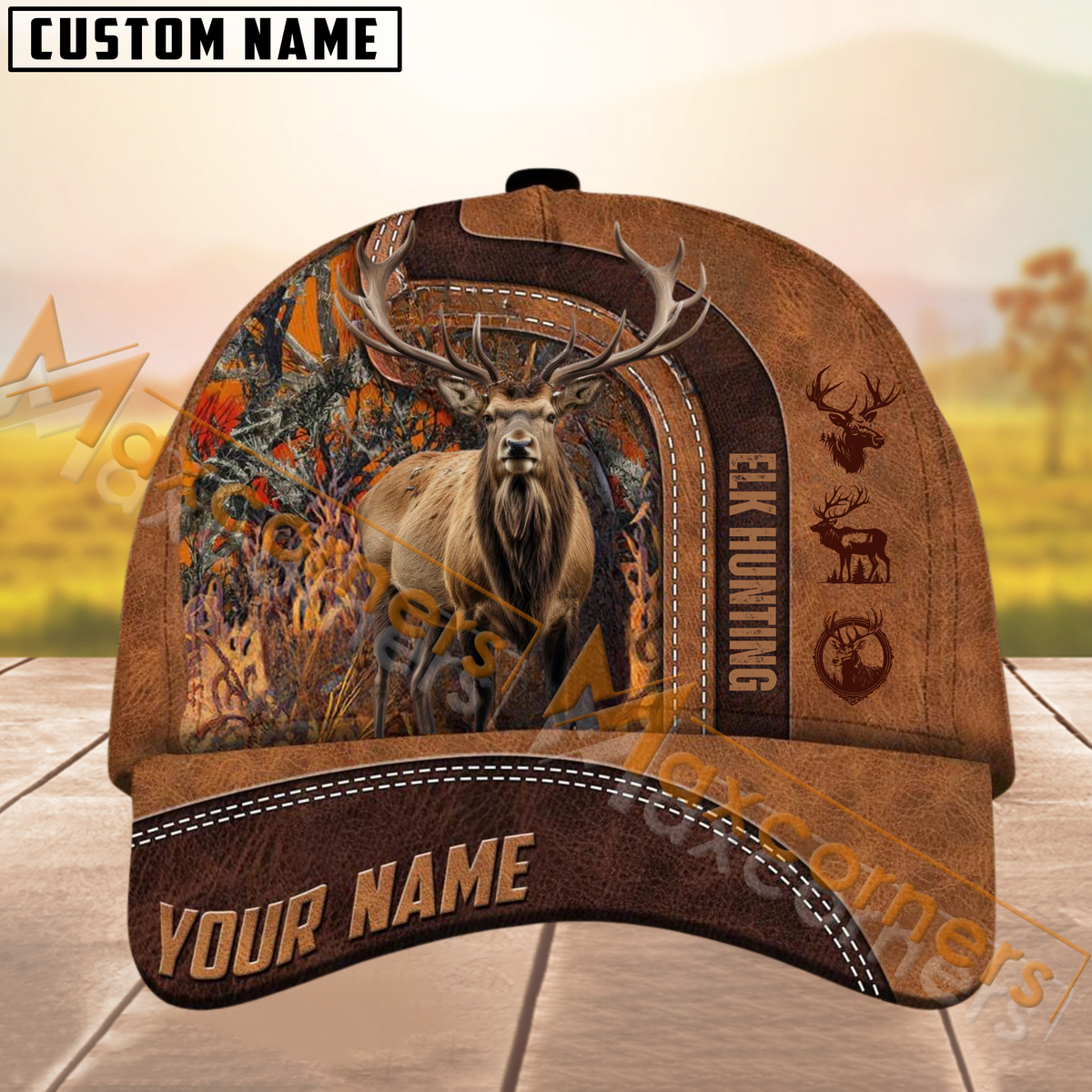 Maxcorners Elk Hunting Leather Pattern Multicolor Personalized Name 3D Cap