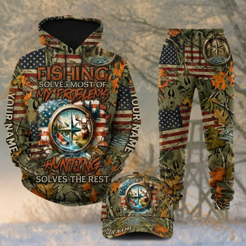 Maxcorners Hunting Fishing American Flag Outdoor Camo Personalized 3D Combo Hoodie, Sweatpants Set & Cap