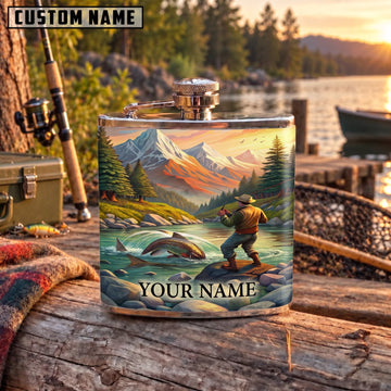 Maxcorners Fishing Mountain River Angler Landscape Personalized Name 3D Hip Flask