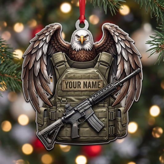 Maxcorners Veteran Eagle Wings Tactical Camo Vest And Rifle Personalized Name 3D Keychain And Ornament