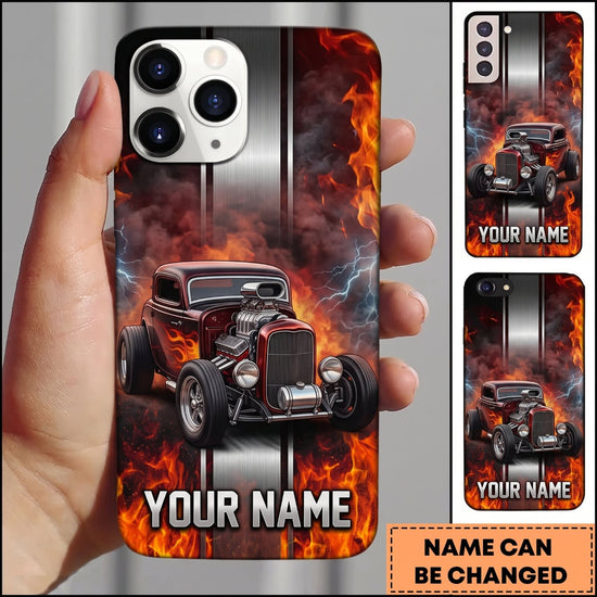 Maxcorners Hot Rod Red Classic Car with Orange Flame and Dark Smoke Personalized Name 3D Phone Case