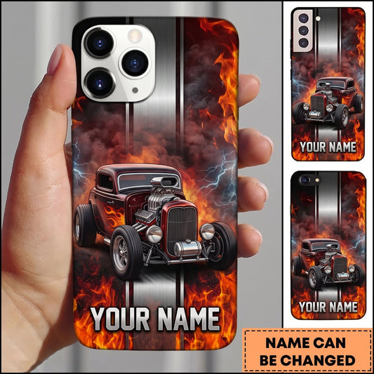 Maxcorners Hot Rod Red Classic Car with Orange Flame and Dark Smoke Personalized Name 3D Phone Case