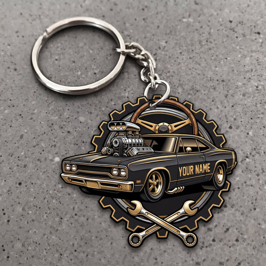 Maxcorners Classic Muscle Car Black Gold Vintage Coupe with Crossed Wrenches and Garage Badge Personalized Name 3D Keychain And Ornament