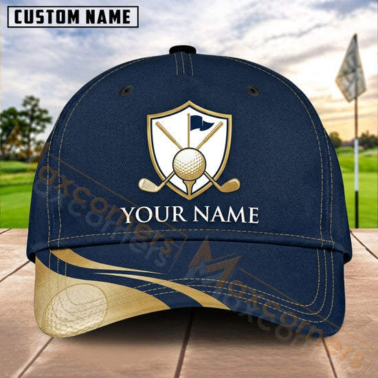 Maxcorners Golf Navy Gold Shield Personalized Name 3D Cap