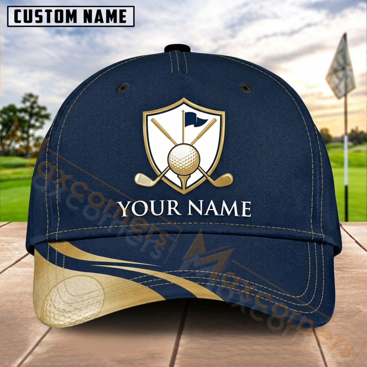 Maxcorners Golf Navy Gold Shield Personalized Name 3D Cap