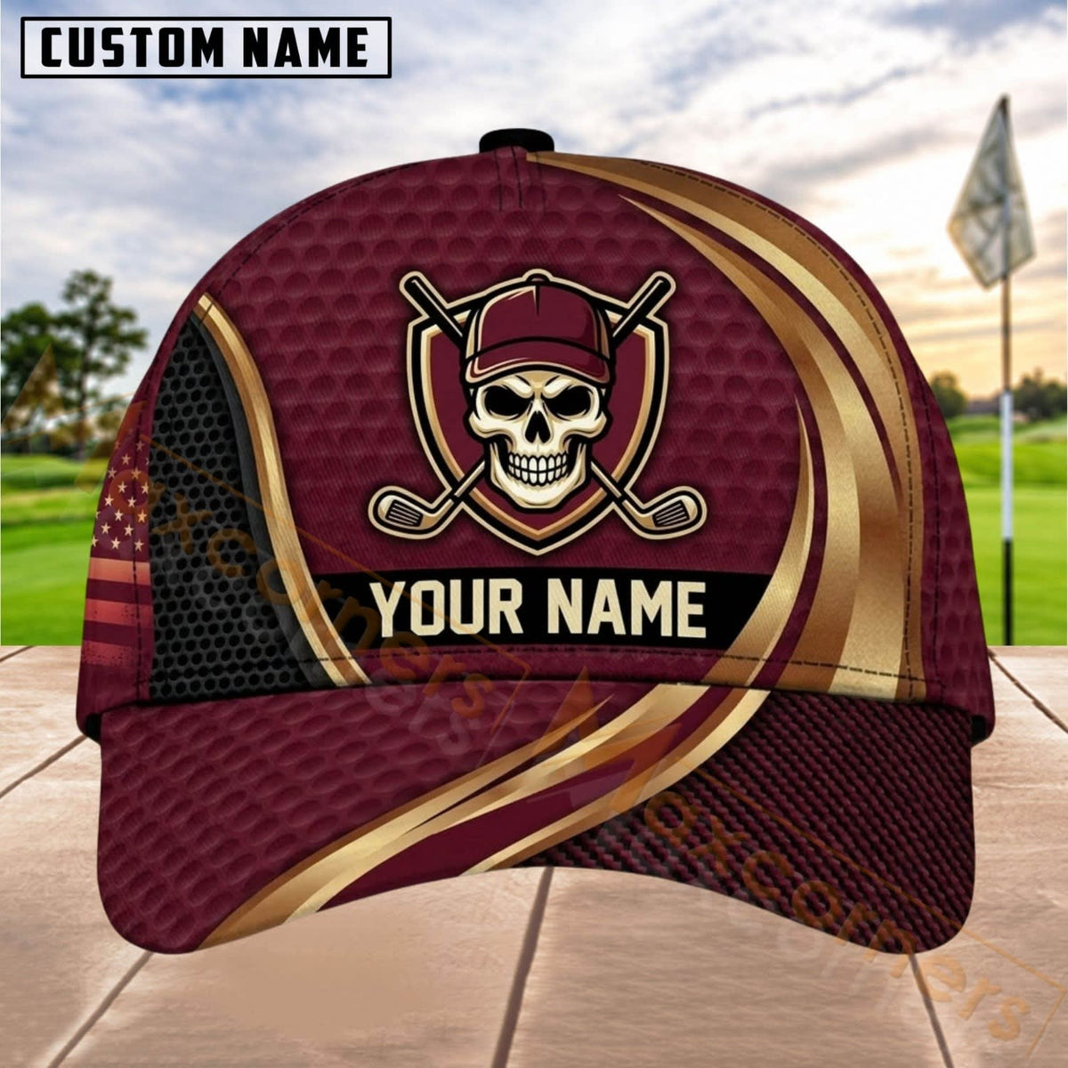 Maxcorners Golf Skull Crossed Clubs Badge Personalized Name 3D Cap (4 Colors)