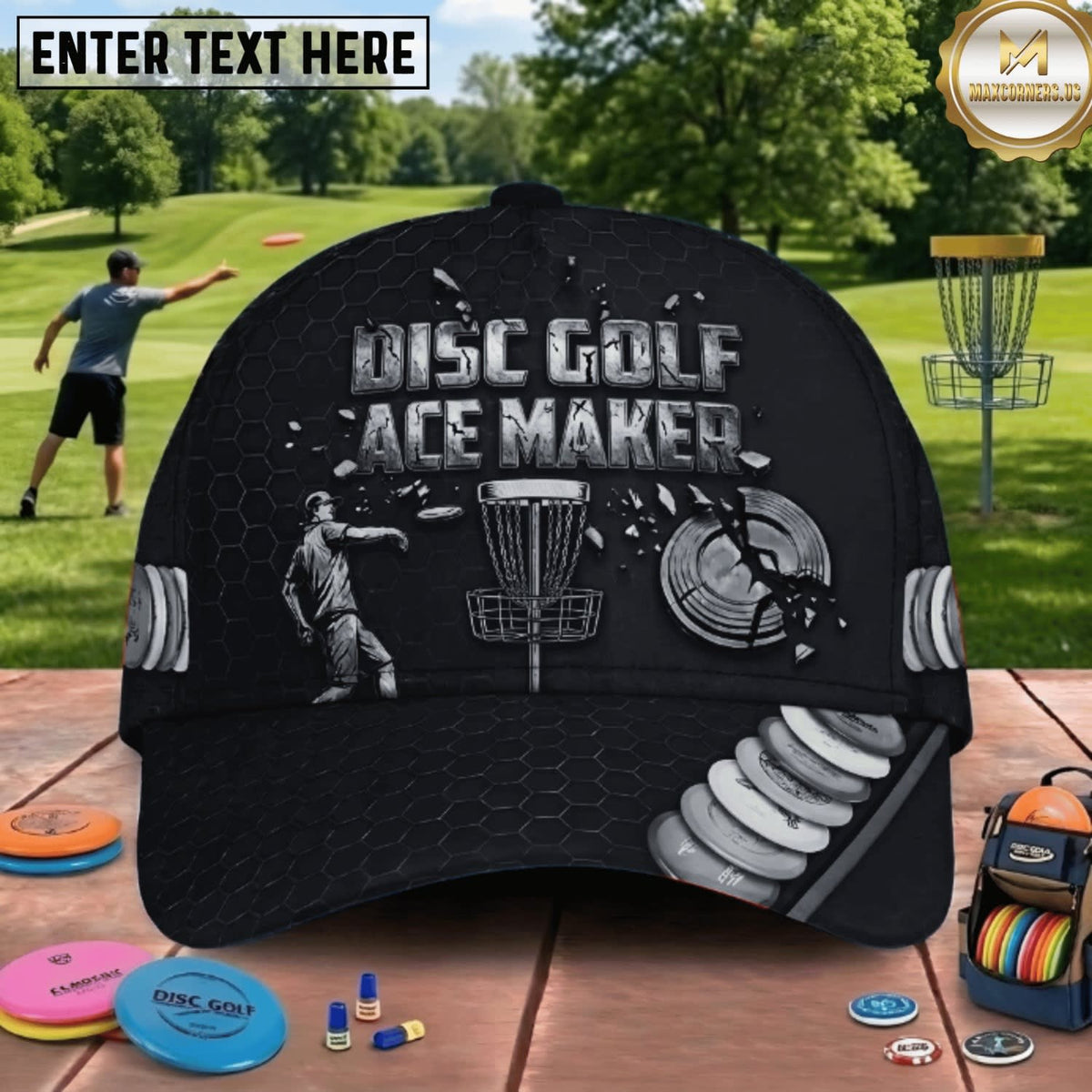 (7 Colors) Maxcorners Disc Golf Ace Maker Player & Chain Basket Personalized Name 3D Cap LM3009