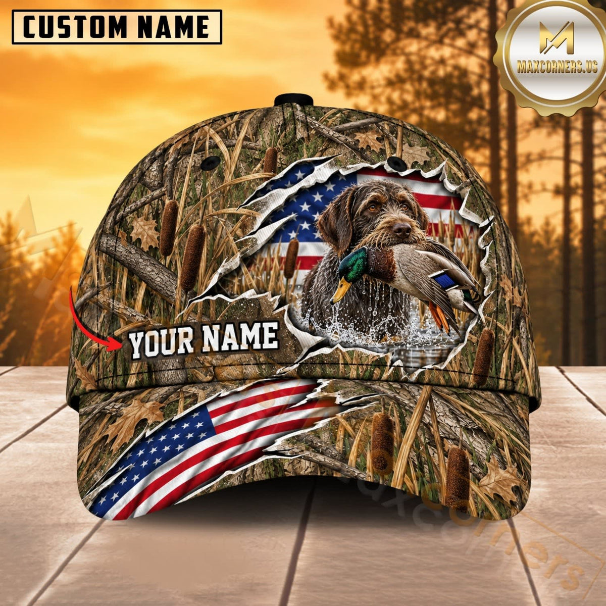Maxcorners Dog Hunting And Duck Woodland Camo Torn American Flag Personalized Name 3D Cap