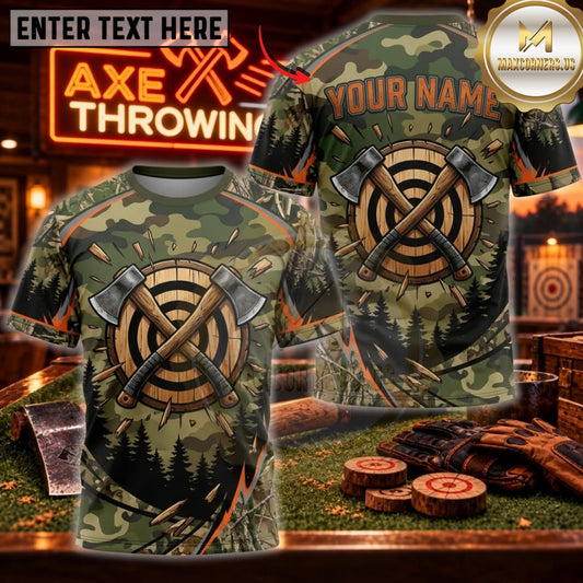 Maxcorners Axe Throwing Woodland Camouflage Crossed Axes Personalized Name 3D Unisex Shirt