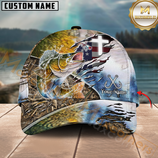Maxcorners Fishing American Flag & Cross Design With Camo Detail Multicolor Personalized Name 3D Cap (8 Breeds)