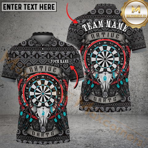 Maxcorners Darts Native American Skull Customized Name, Team Name 3D Polo Shirt