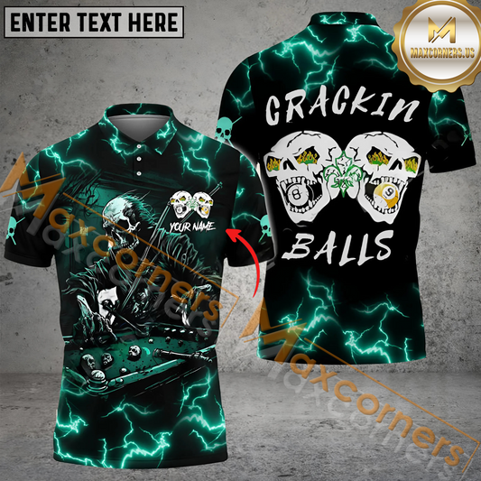 Maxcorners Billiard Skull Crackin Balls Multicolor Options Personalized Name 3D Polo Shirt (4 Colors)