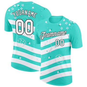 Maxcorners Pickleball Paddle Ball Turquoise Aqua White Diagonal Stripes Floral Personalized Name 3D Unisex Shirt