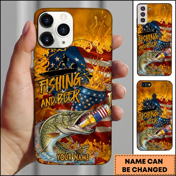 Maxcorners Pike Fishing Phone Case And Beer Golden Splash Design Personalized Name 3D Phone Case