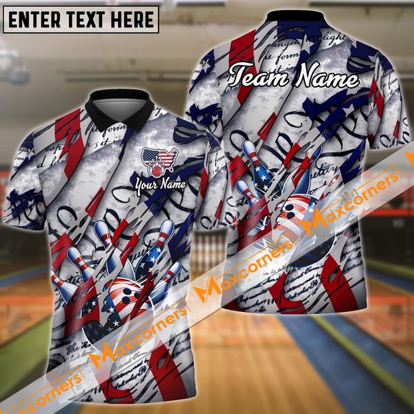 Maxcorners American Patriot Bowling Jersey Customized Name, Team Name 3D Polo Shirt