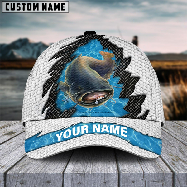 Maxcorners Catfish Fishing White Blue Wave Fishnet Customized Name 3D Cap