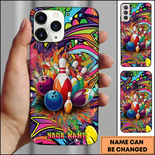Maxcorners Bowling Abstract Colorful Splash Pins & Balls Personalized Name 3D Phone Case