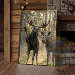 Maxcorners Friendly Moose Canvas Wall Art - Waving Forest Wildlife Pair Print