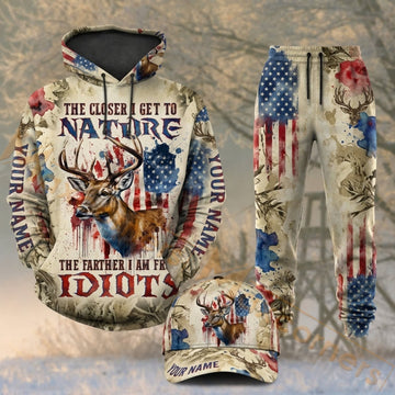 Maxcorners Hunting Whitetail Deer Nature American Flag Floral Personalized 3D Combo Hoodie, Sweatpants Set & Cap