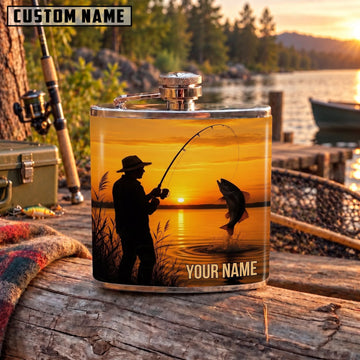 Maxcorners Fishing Sunset Fisherman Silhouette Catch Personalized Name 3D Hip Flask