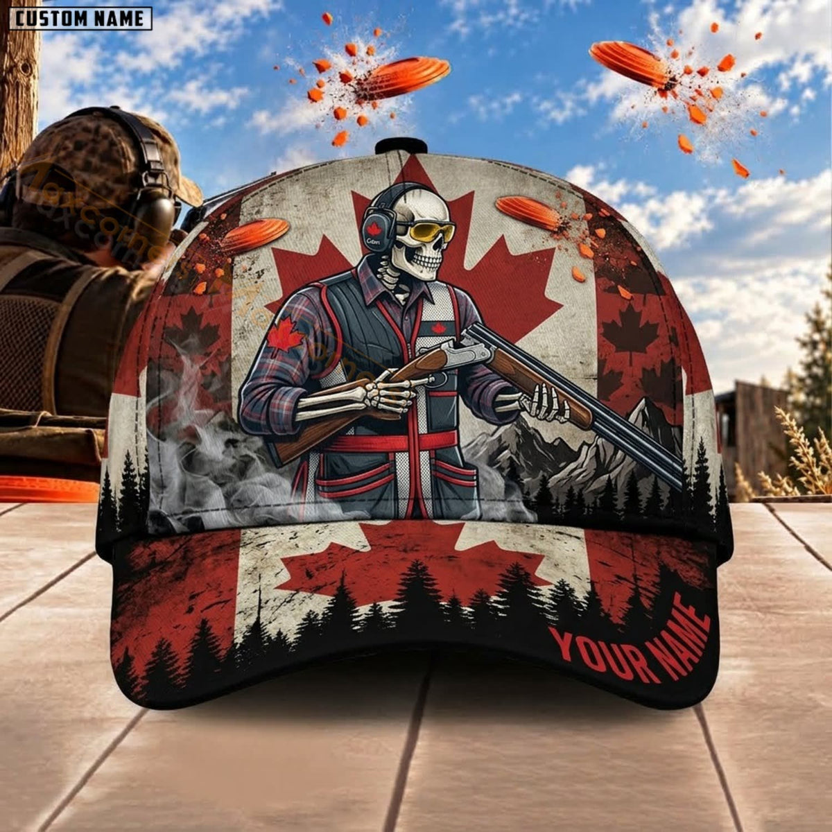 Maxcorners Trap & Skeet Shooting Canadian Flag Skeleton Skull Shooter Personalized Name 3D Cap