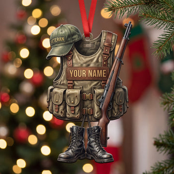Maxcorners Military Olive Field Vest Helmet And Boots Personalized Name 3D Keychain And Ornament