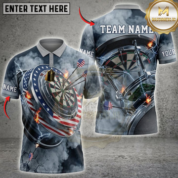 Maxcorners Darts American Flag Silver Dartboard And Blue Lightning Personalized Name 3D Unisex Shirt