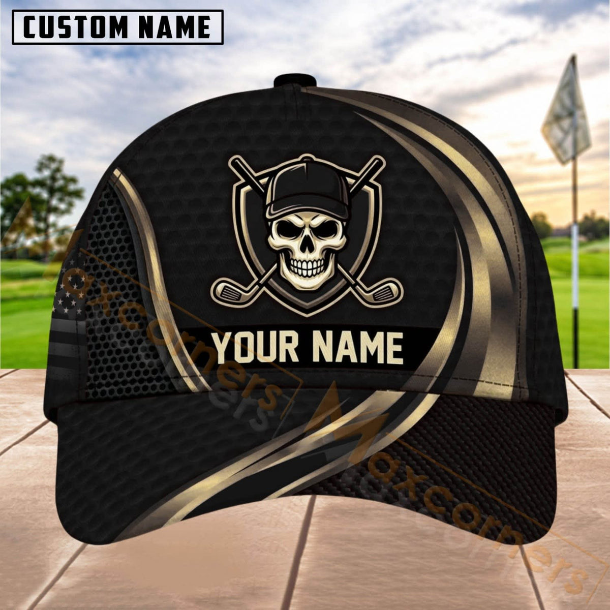 Maxcorners Golf Skull Crossed Clubs Badge Personalized Name 3D Cap (4 Colors)