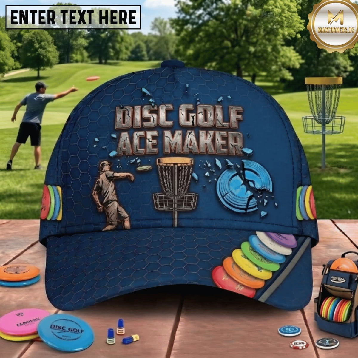 (7 Colors) Maxcorners Disc Golf Ace Maker Player & Chain Basket Personalized Name 3D Cap LM3009
