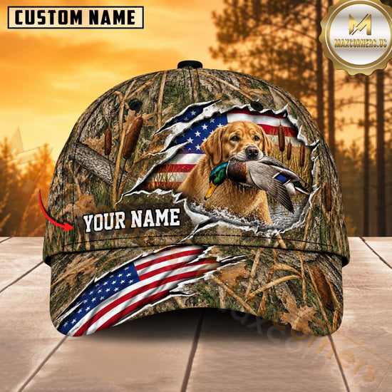 Maxcorners Dog Hunting And Duck Woodland Camo Torn American Flag Personalized Name 3D Cap