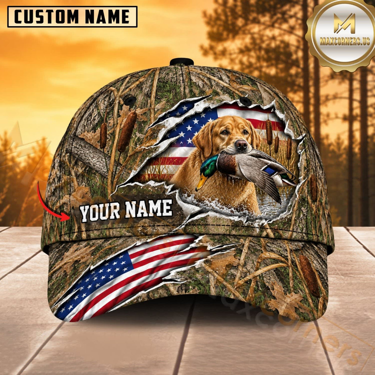 Maxcorners Dog Hunting And Duck Woodland Camo Torn American Flag Personalized Name 3D Cap