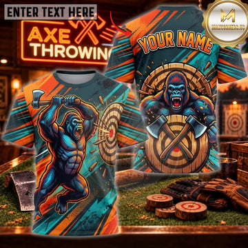 Maxcorners Axe Throwing Blue Orange Viking Berserker Personalized Name 3D Unisex Shirt
