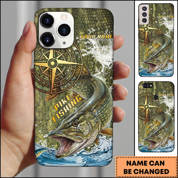 Maxcorner Pike Fishing Compass Water Splash Personalized Name 3D Phone Case