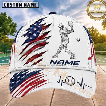 Maxcorners Tennis USA Flag Player & Heartbeat Tennis Ball Red White Blue Sketch Design Personalized Name 3D Cap