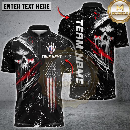 Maxcorners Bowling Grim Skull with American Flag Personalized Name 3D Unisex Shirt