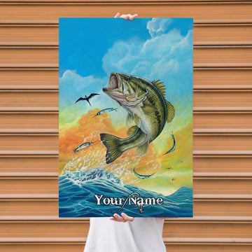 Maxcorners Bass Fishing Dynamic Ocean Jump Illustration Personalized Name 3D Poster