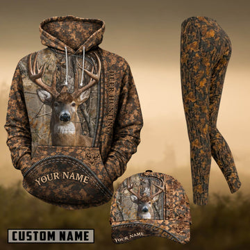 Maxcorners Hunting Whitetail Deer Brown Forest Camo Personalized 3D Combo Hoodie, Legging Set & Cap