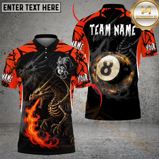 Maxcorners Billiard Ball 8 Skeleton Dragon Personalized Name & Team Name Shirt (4 Colors)