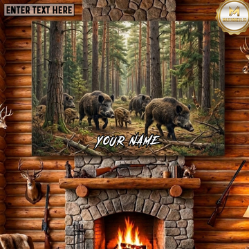 Maxcorners Boar Hunting Wild Boar Family Sounder Pine Forest Wildlife Gathering Canvas Wall Art