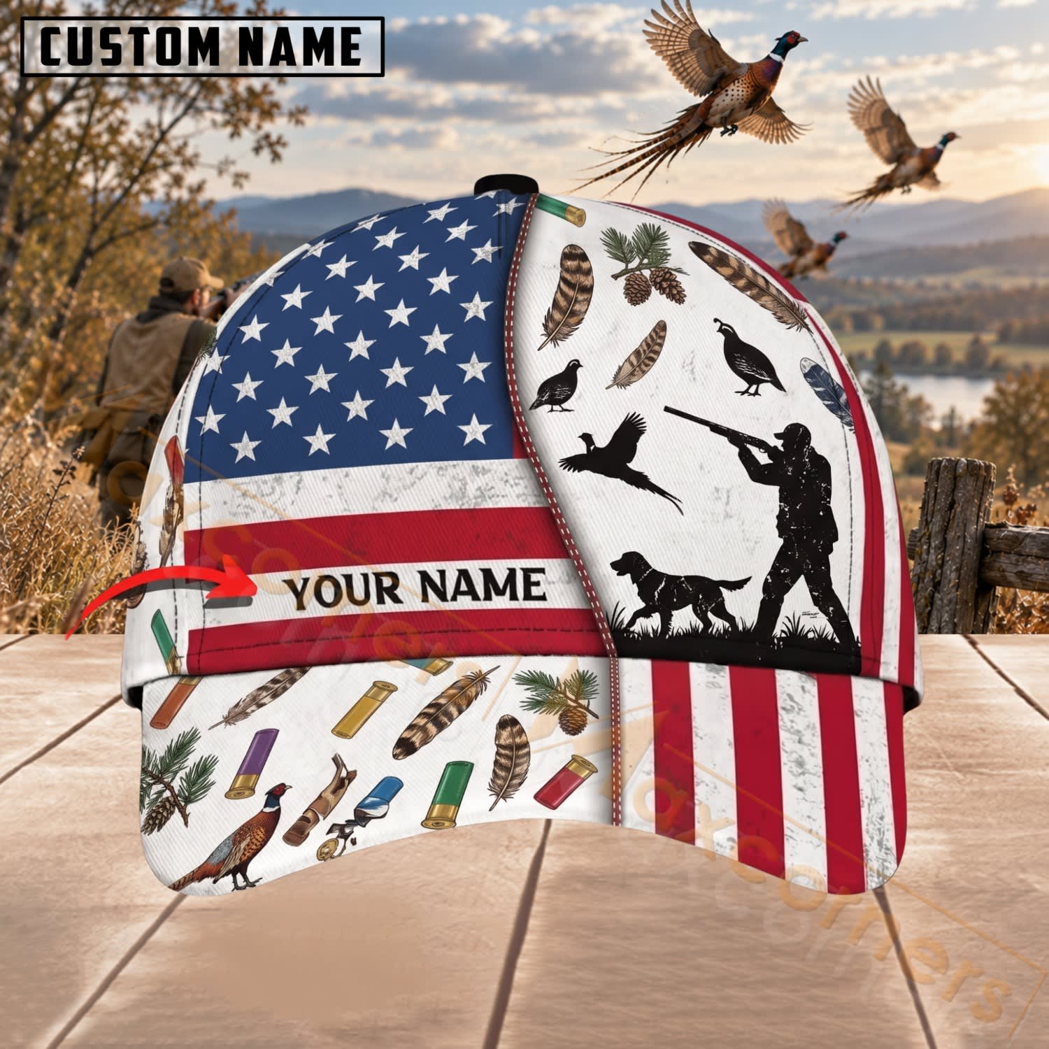 Maxcorners Upland Bird Hunting American Flag Hunter Dog Silhouette Personalized Name 3D Cap