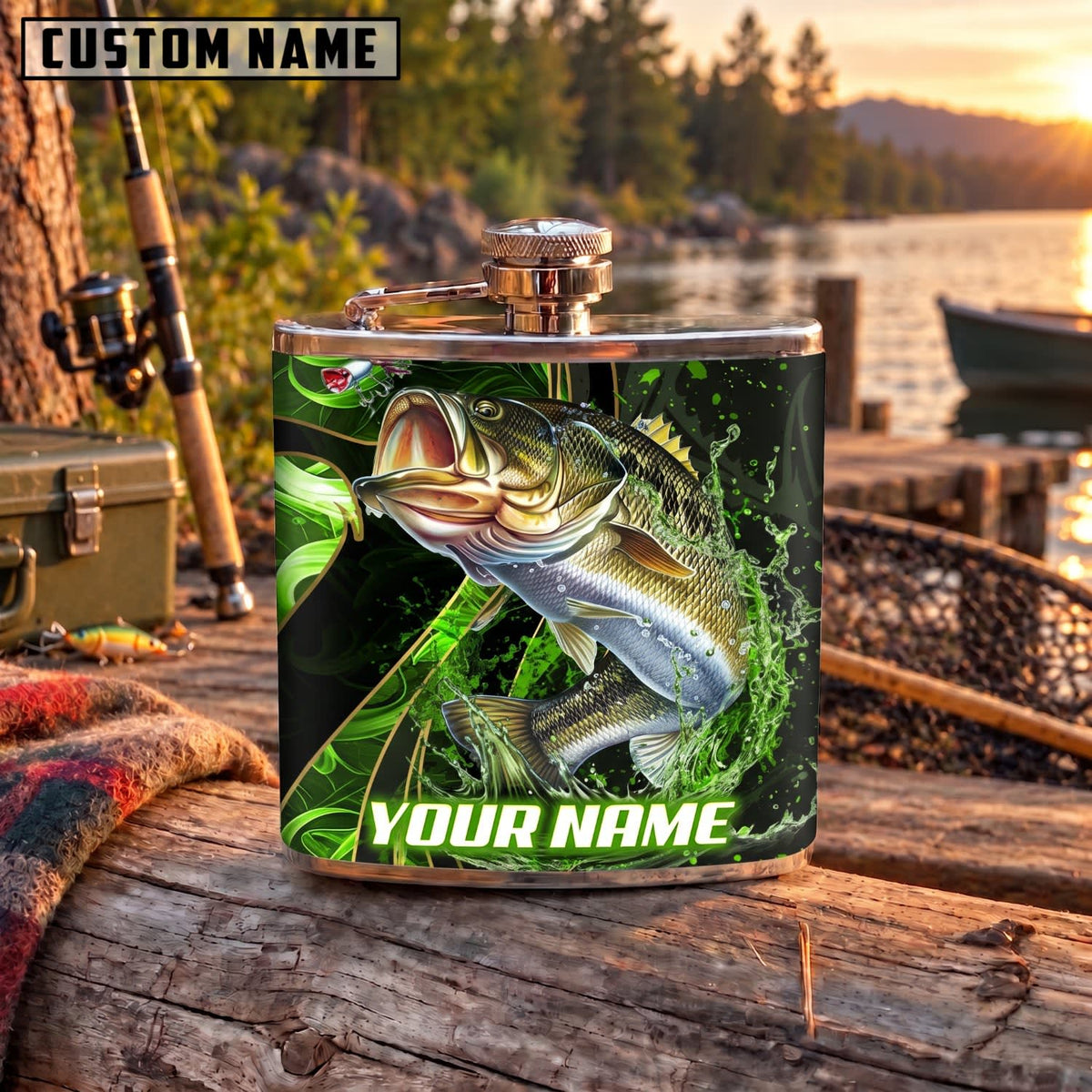 Maxcorners Fishing Largemouth Bass Green Splash Personalized Name 3D Hip Flask