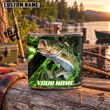 Maxcorners Fishing Largemouth Bass Green Splash Personalized Name 3D Hip Flask