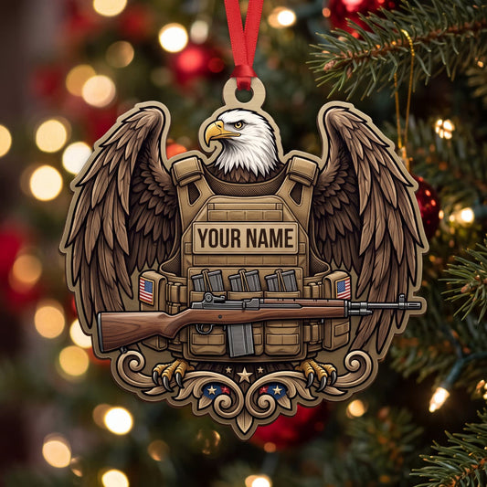 Maxcorners Veteran Eagle Wings Ornate Military Vest And Rifle Personalized Name 3D Keychain And Ornament