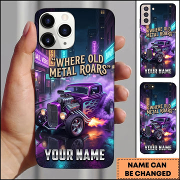 Maxcorners Hot Rod Purple Neon Classic Car with Cyberpunk City and Metal Road Design Personalized Name 3D Phone Case