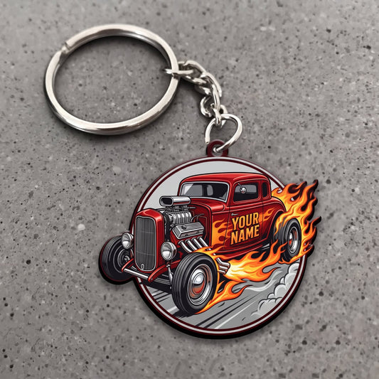Maxcorners Hot Rod Red Classic Roadster with Orange Flames and Silver Wheel Frame Personalized Name 3D Keychain And Ornament